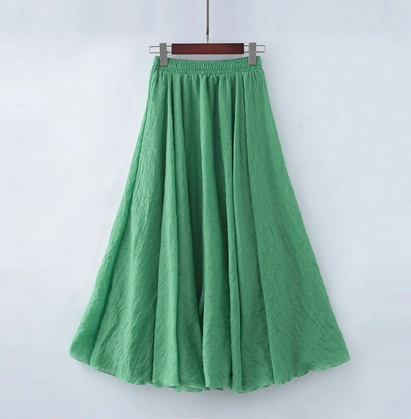 Linen Maxi Skirt Womens Casual Elastic High Waist Pleated