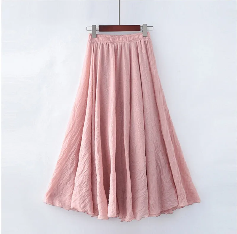 Linen Maxi Skirt Womens Casual Elastic High Waist Pleated