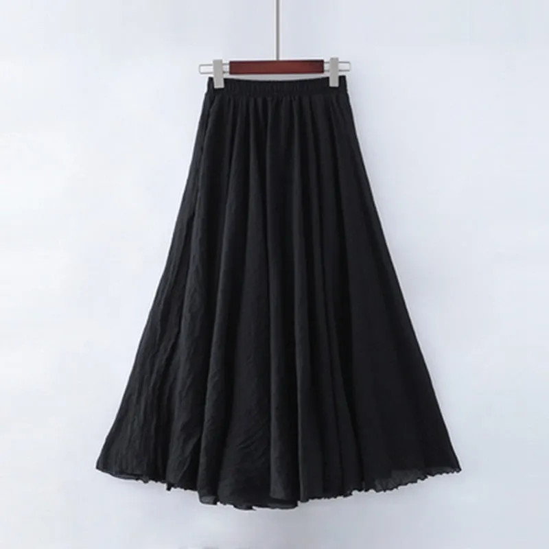 Linen Maxi Skirt Womens Casual Elastic High Waist Pleated