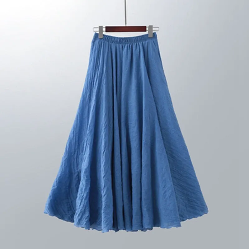 Linen Maxi Skirt Womens Casual Elastic High Waist Pleated