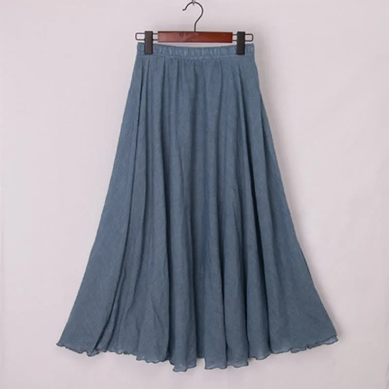 Linen Maxi Skirt Womens Casual Elastic High Waist Pleated