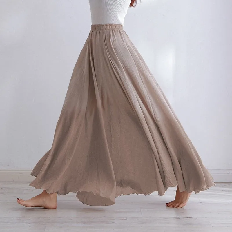 Linen Maxi Skirt Womens Casual Elastic High Waist Pleated