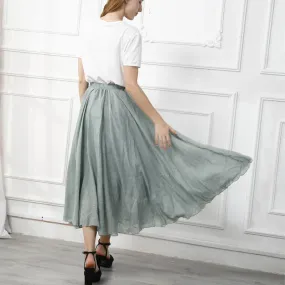 Linen Maxi Skirt Womens Casual Elastic High Waist Pleated