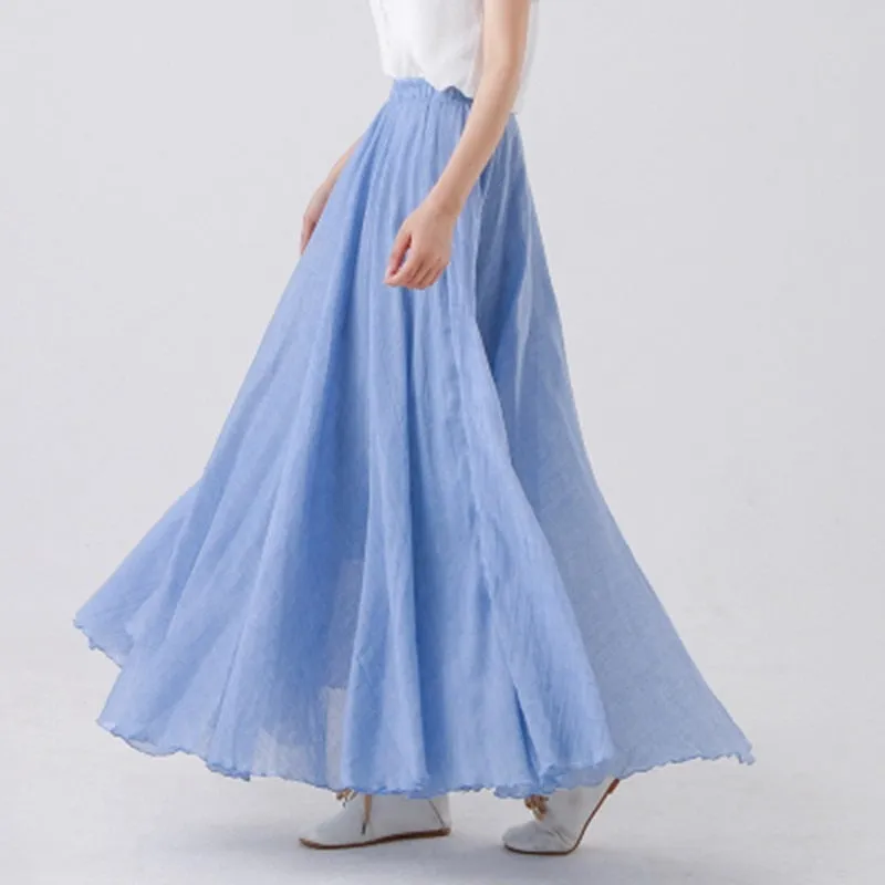 Linen Maxi Skirt Womens Casual Elastic High Waist Pleated