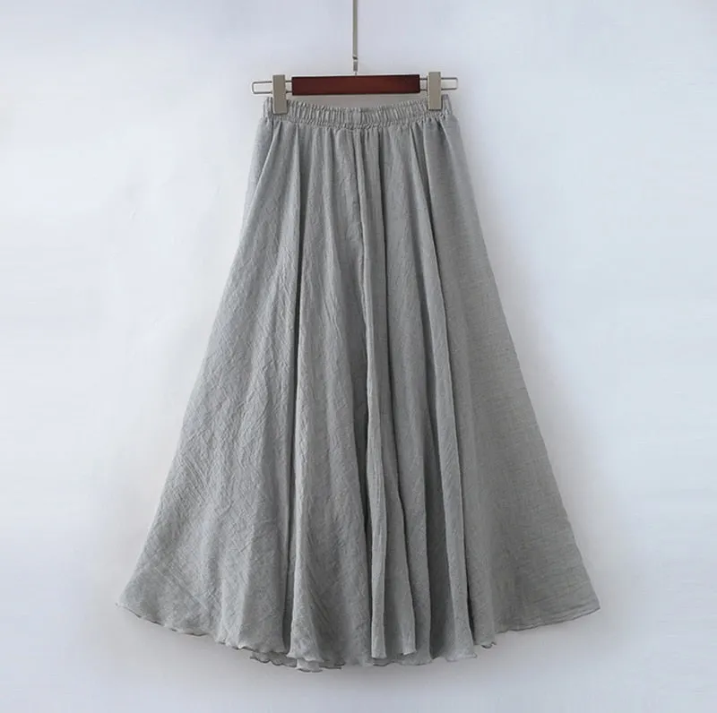 Linen Maxi Skirt Womens Casual Elastic High Waist Pleated