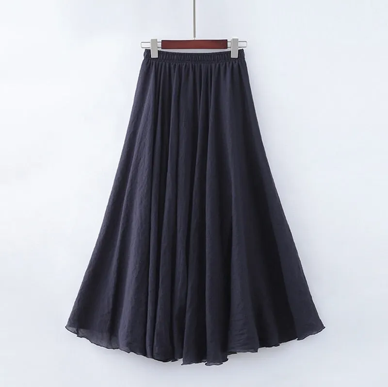 Linen Maxi Skirt Womens Casual Elastic High Waist Pleated