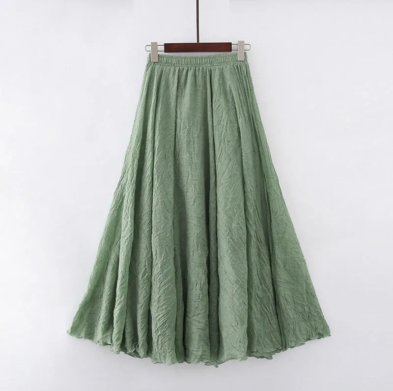 Linen Maxi Skirt Womens Casual Elastic High Waist Pleated