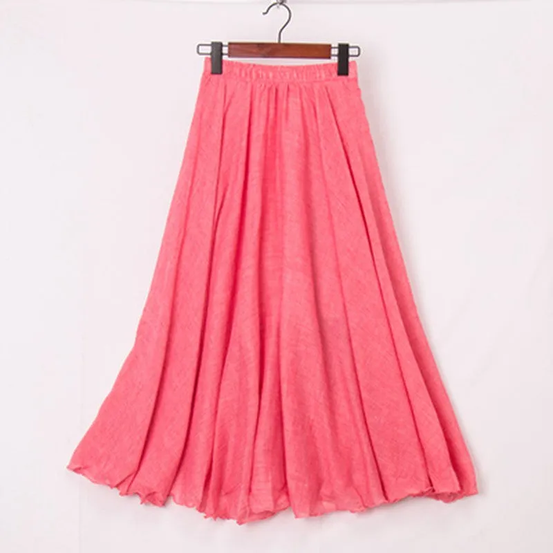 Linen Maxi Skirt Womens Casual Elastic High Waist Pleated