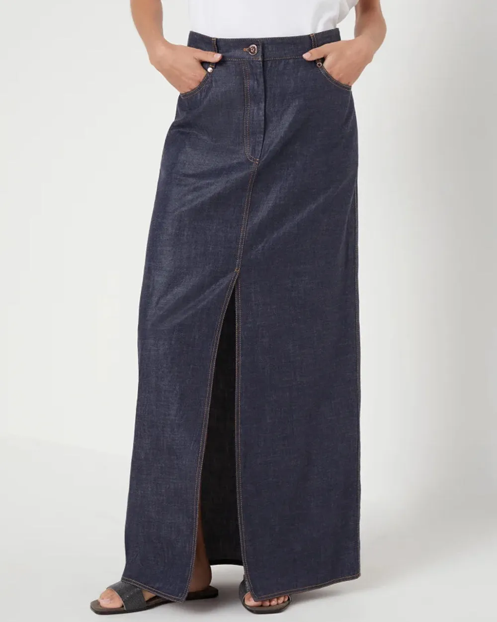 Long Front Slit Denim Skirt in Dark Wash