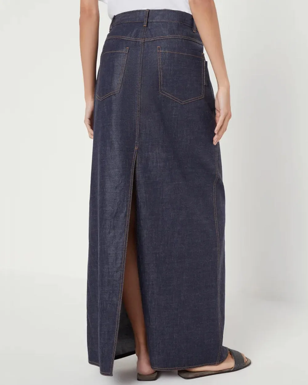 Long Front Slit Denim Skirt in Dark Wash