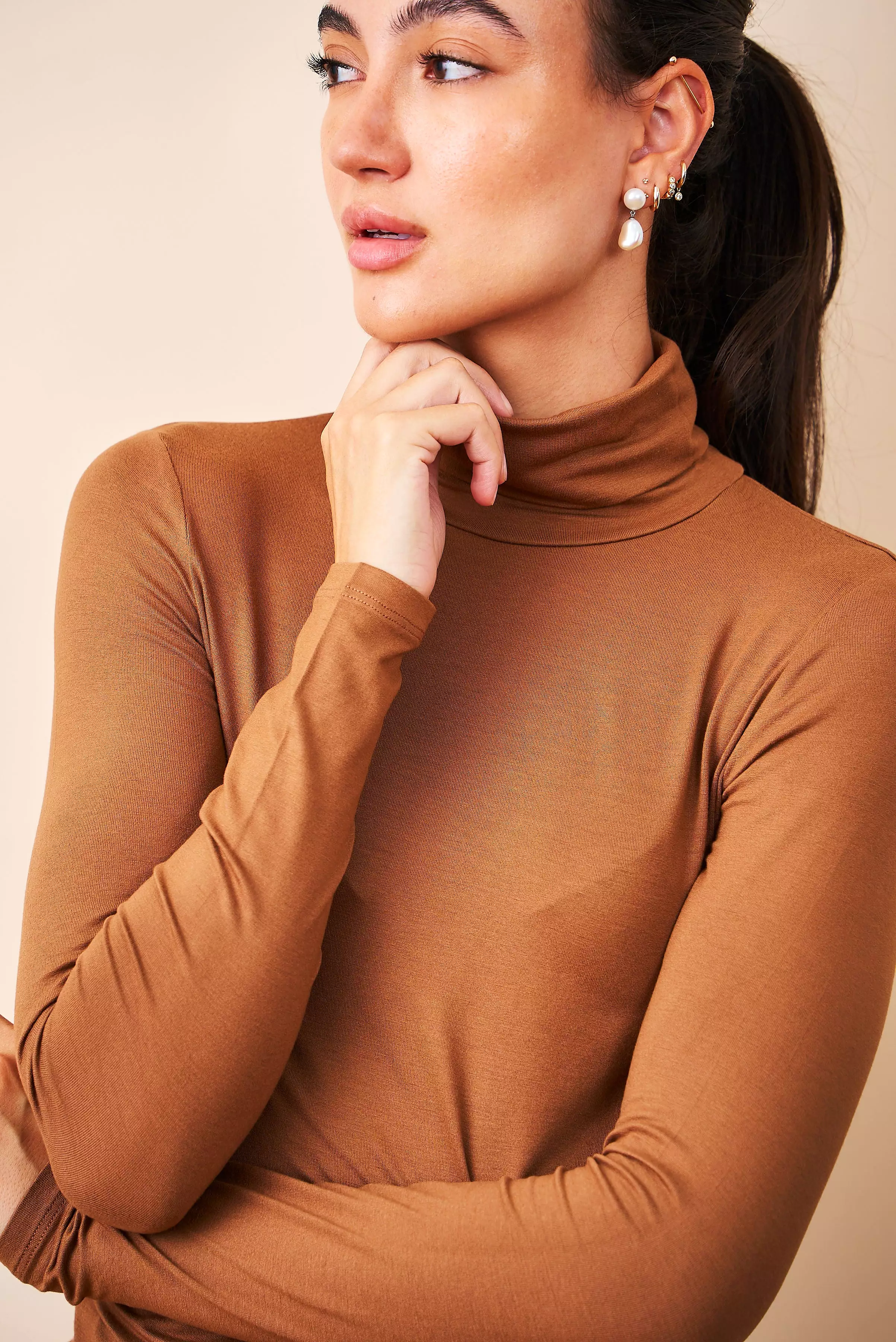 Majestic Soft Touch Long Sleeve Turtleneck in Bison