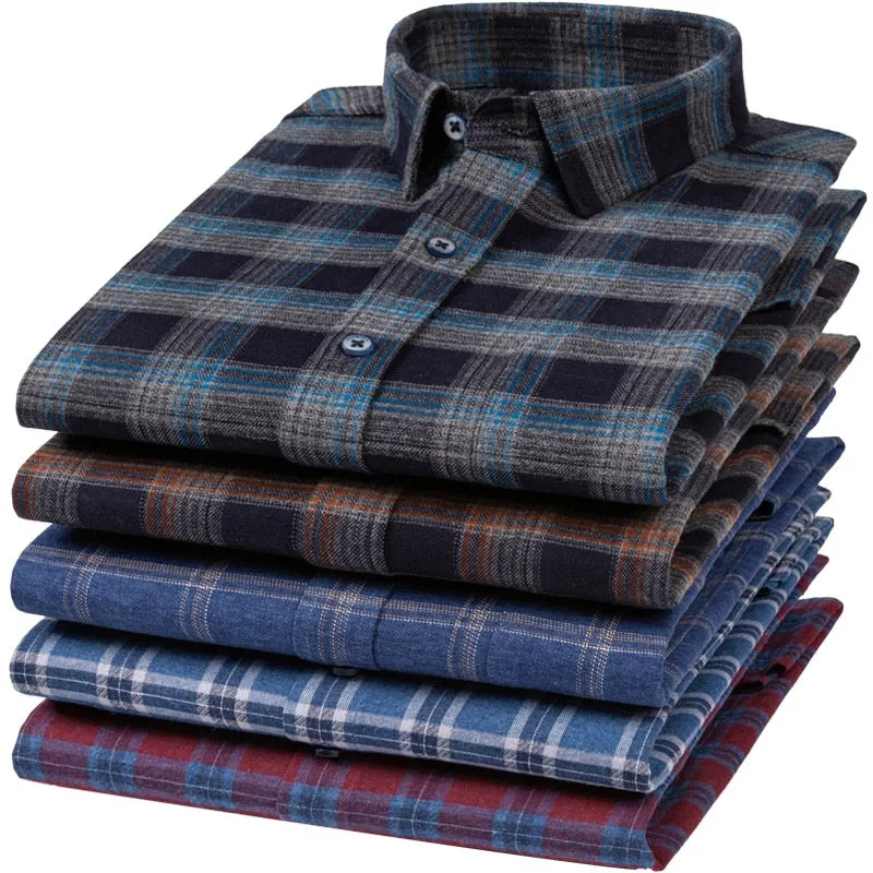 Men's Flannel Plaid Striped Square Collar Standard Fit Long Sleeve Shirt