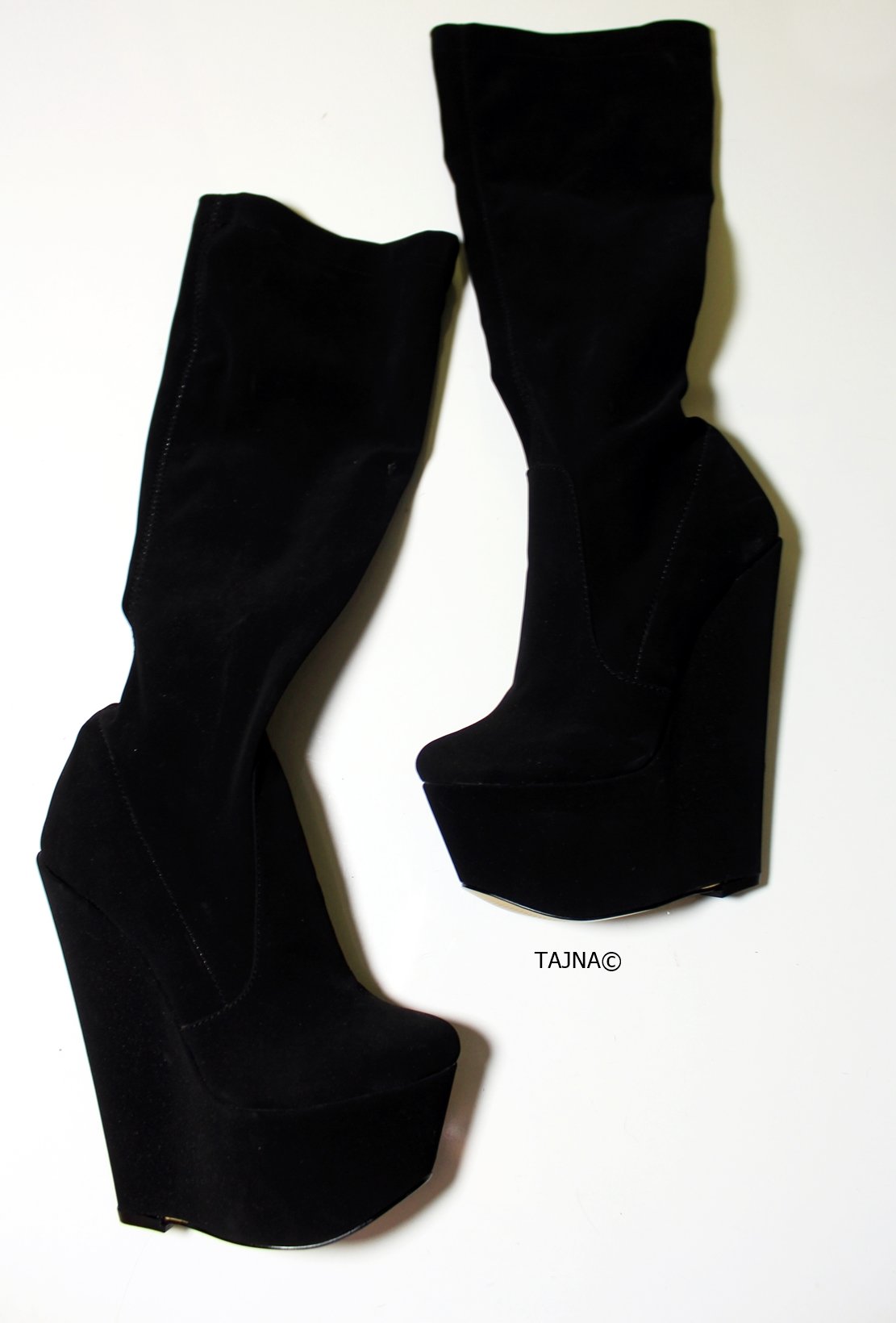 Mid Calf Black Strech Wedge Boots