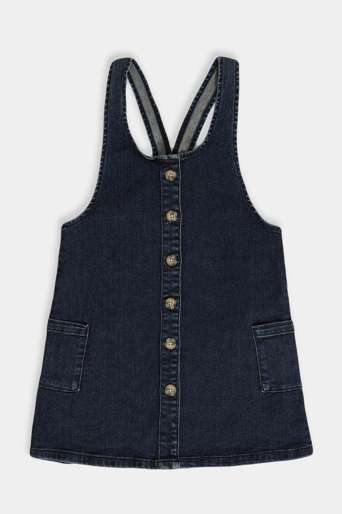 Navy Buttons Front Denim Girls Dress