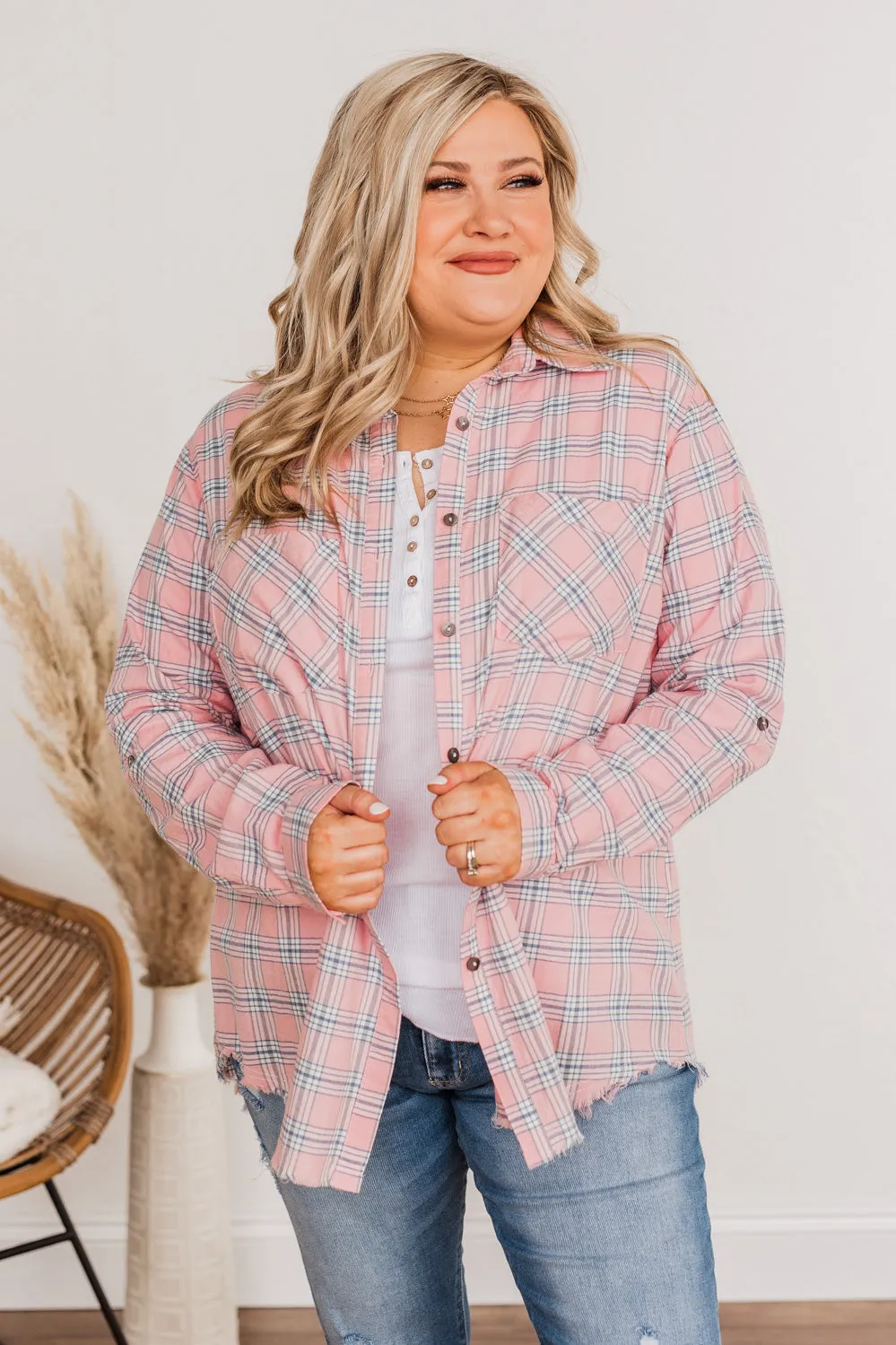 Never Out Of Style Frayed Button Plaid Top- Pink