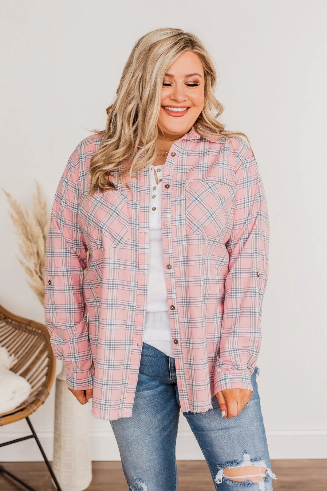 Never Out Of Style Frayed Button Plaid Top- Pink