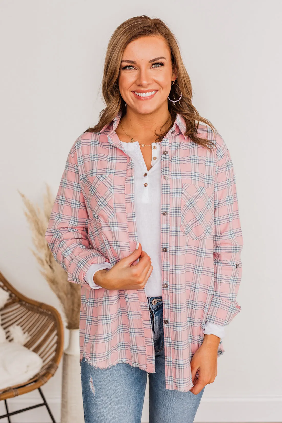 Never Out Of Style Frayed Button Plaid Top- Pink