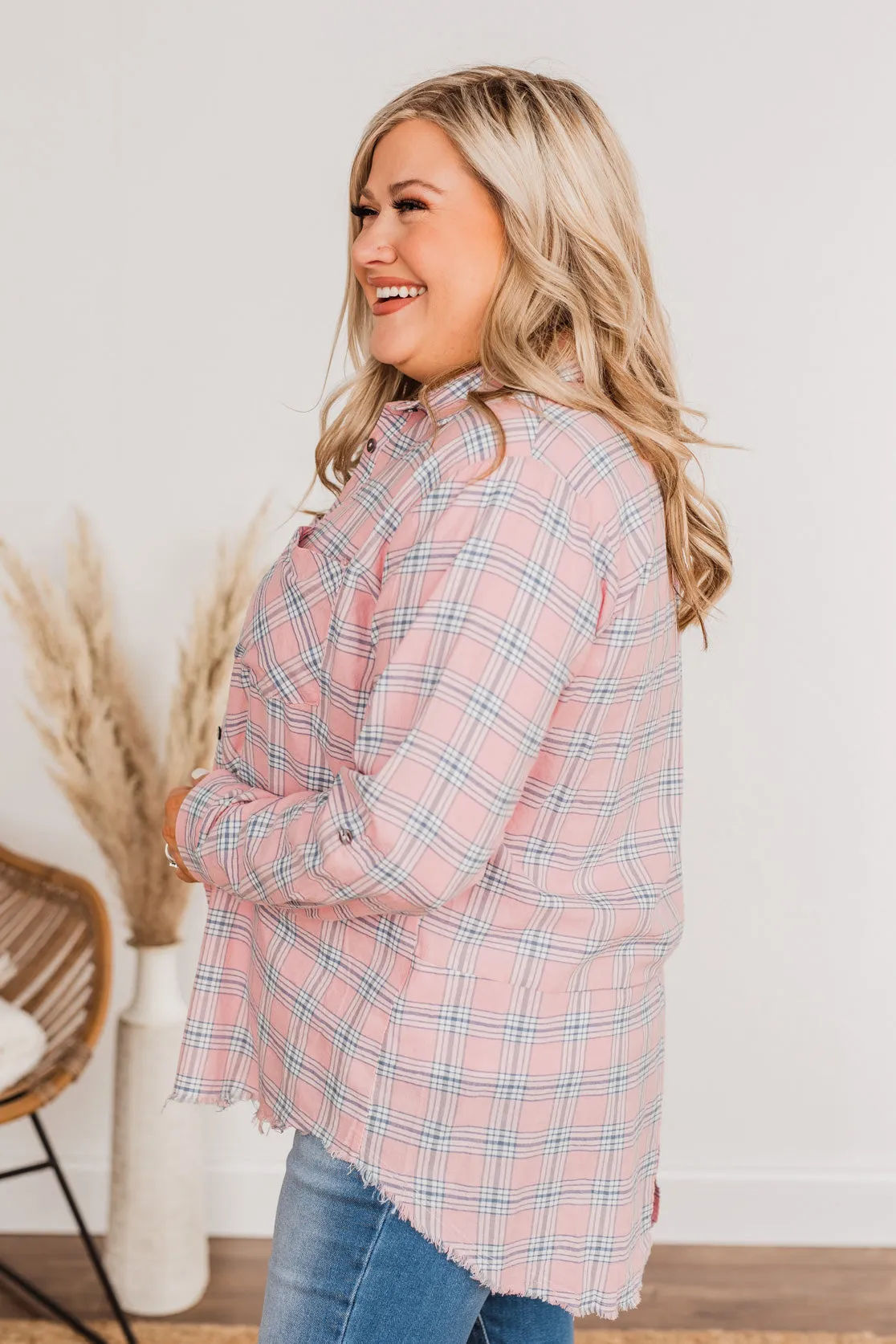 Never Out Of Style Frayed Button Plaid Top- Pink