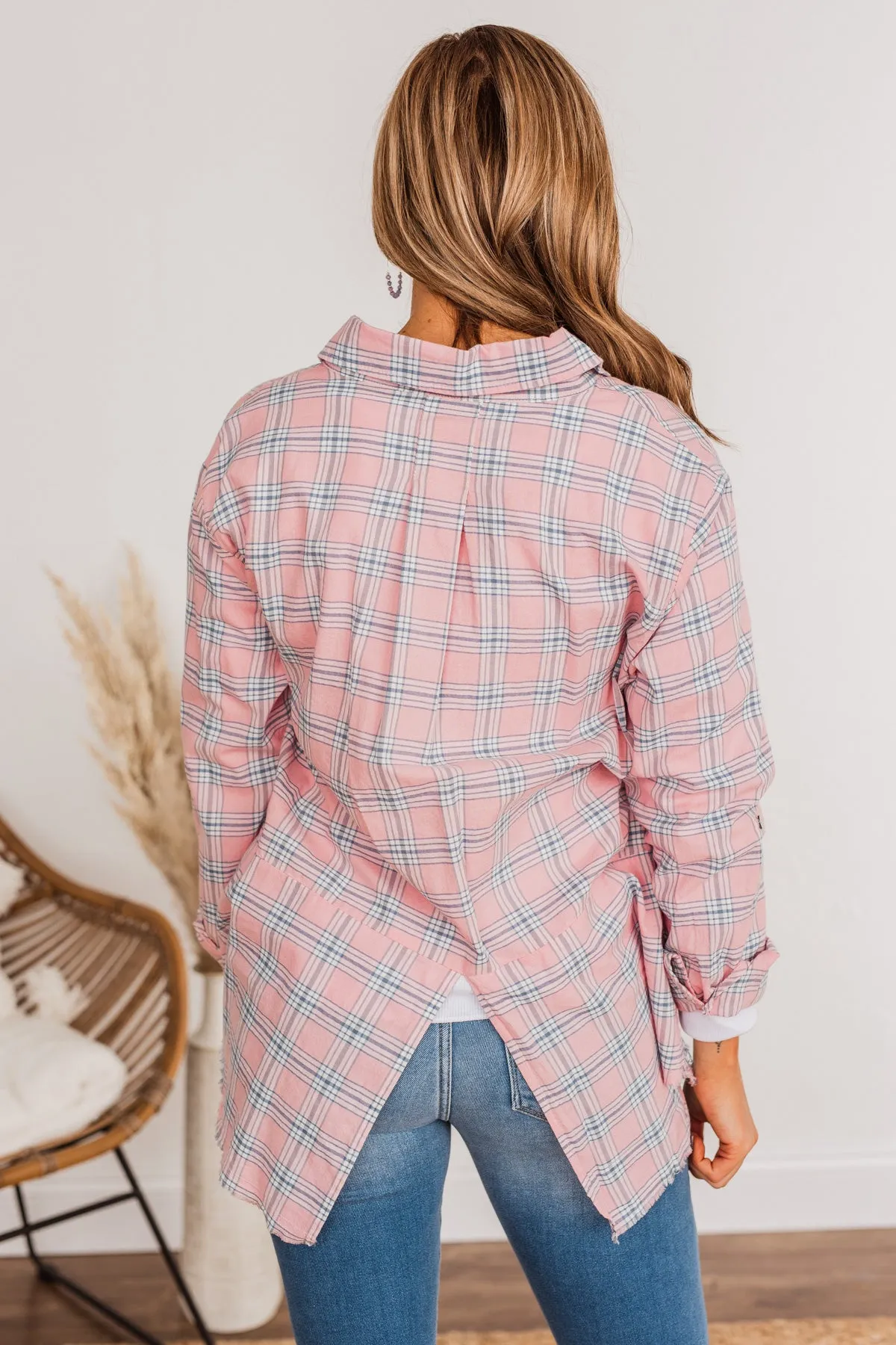 Never Out Of Style Frayed Button Plaid Top- Pink