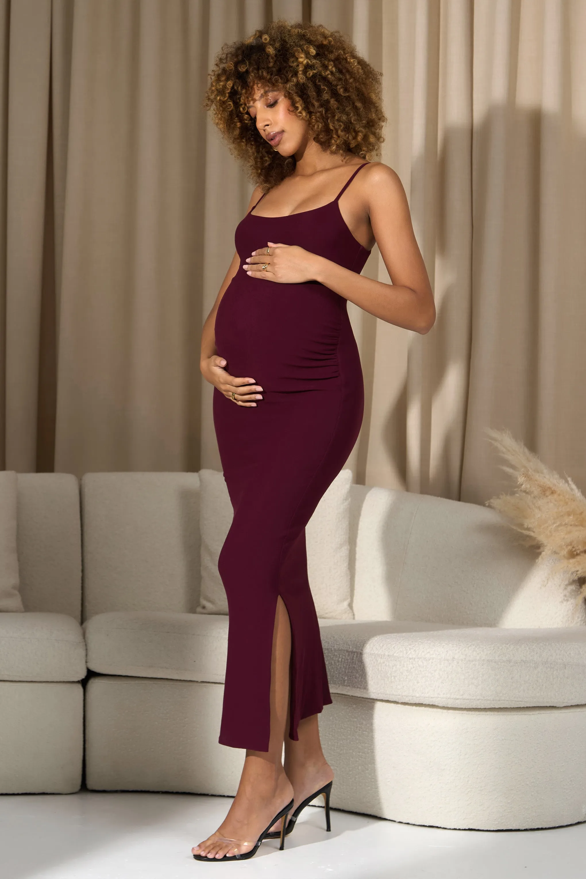 Oakley | Burgundy Strappy Square-Neck Split Maternity Maxi Dress