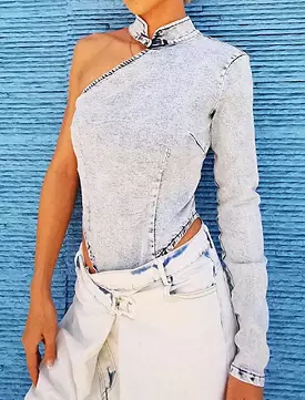 One Sleeve Denim Bodysuit