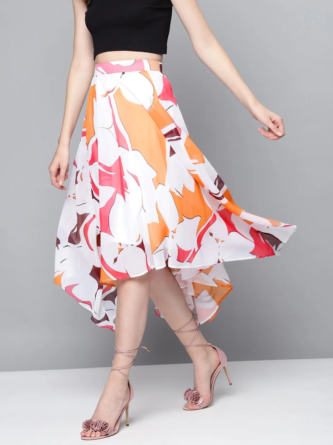 Orange Floral Asymmetric Midi Skirt