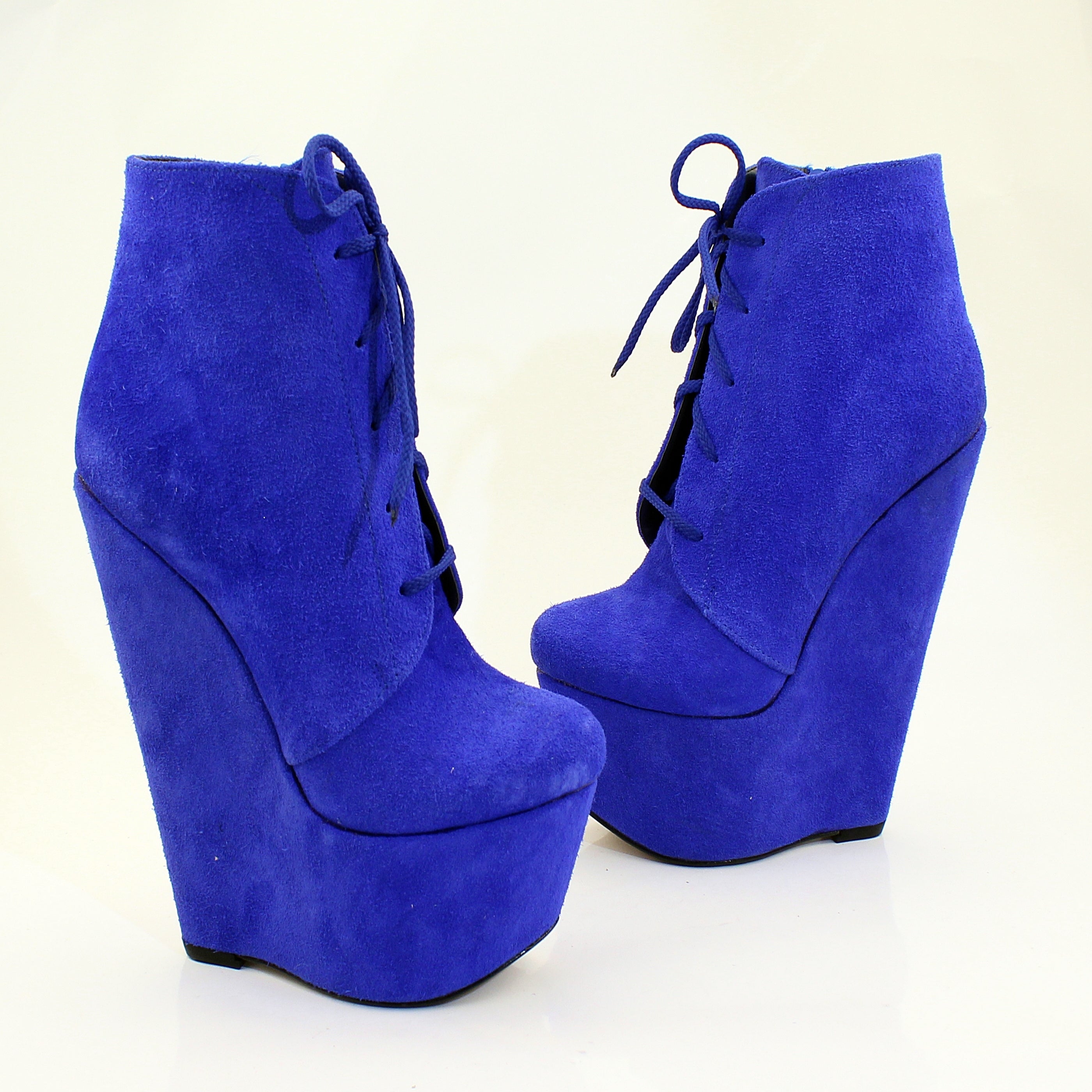 Parlament Blue Suede Lace Up Wedge Ankle Booties