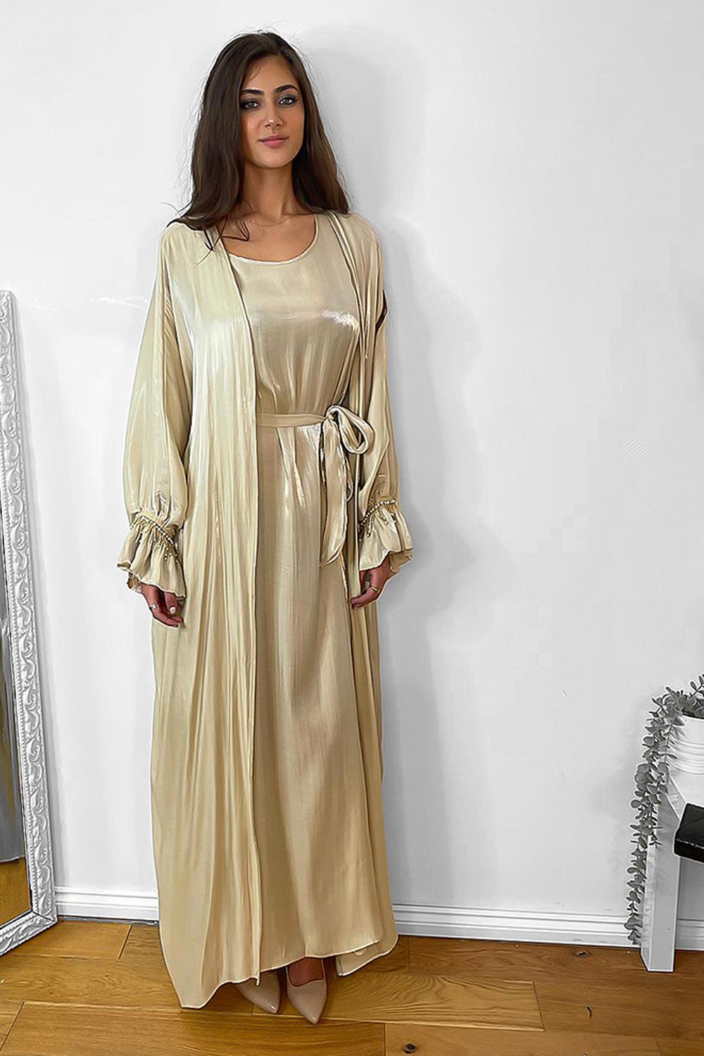 Pearl Embellished Sleeves Shimmer Modest Dress