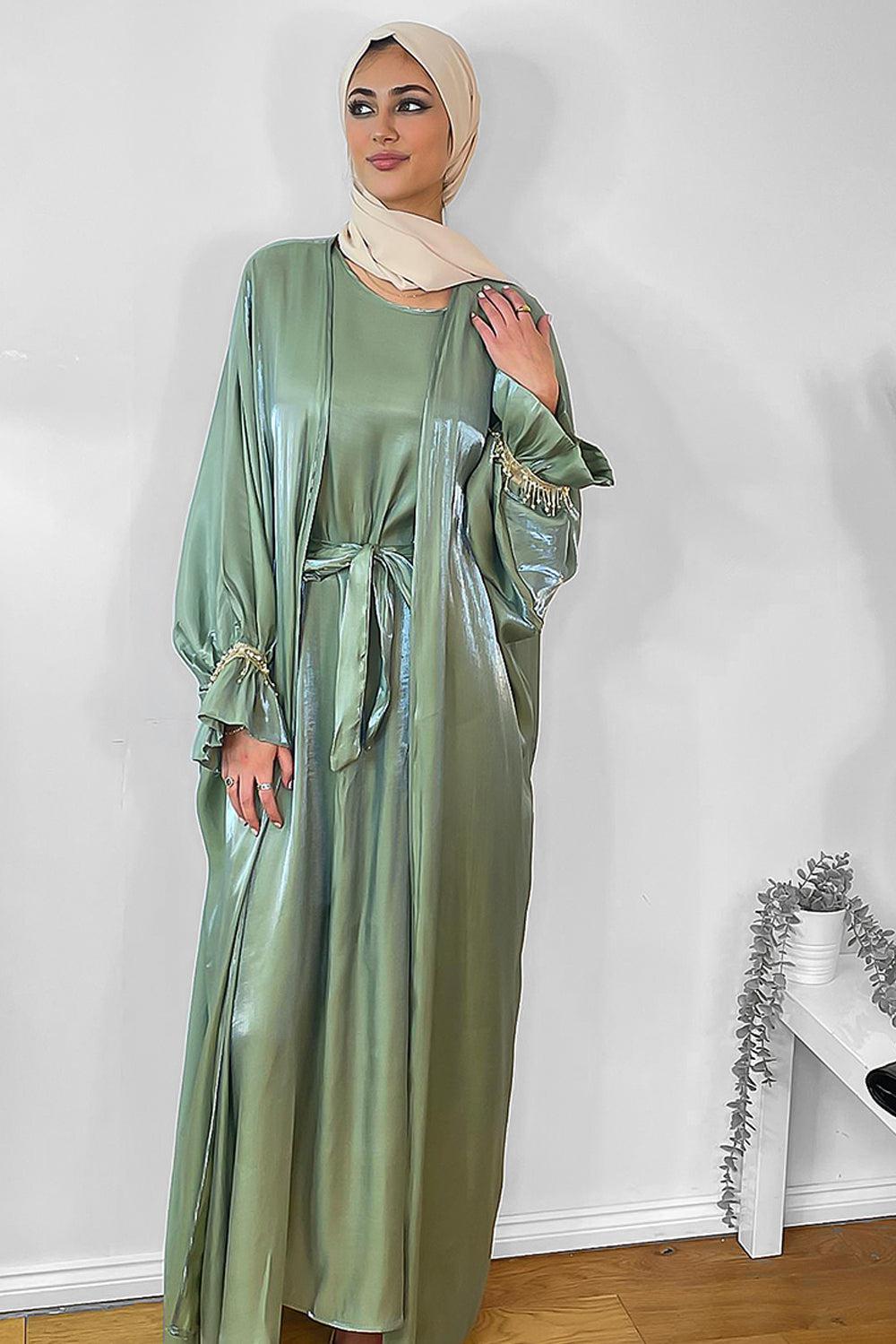 Pearl Embellished Sleeves Shimmer Modest Dress