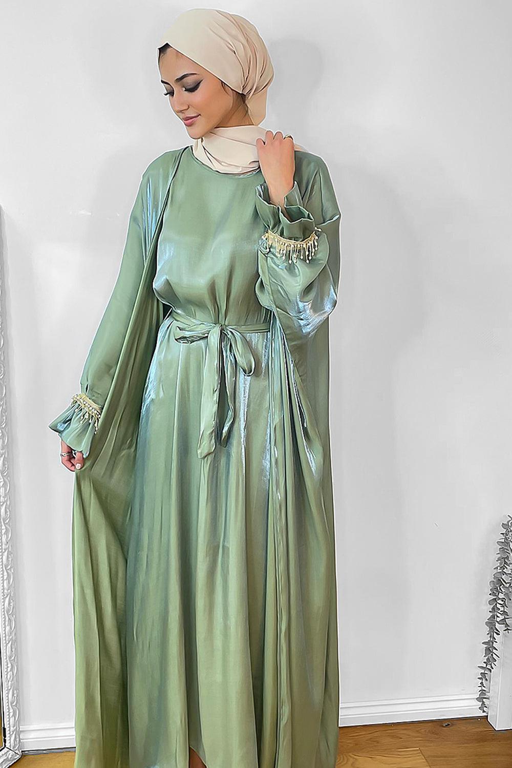 Pearl Embellished Sleeves Shimmer Modest Dress