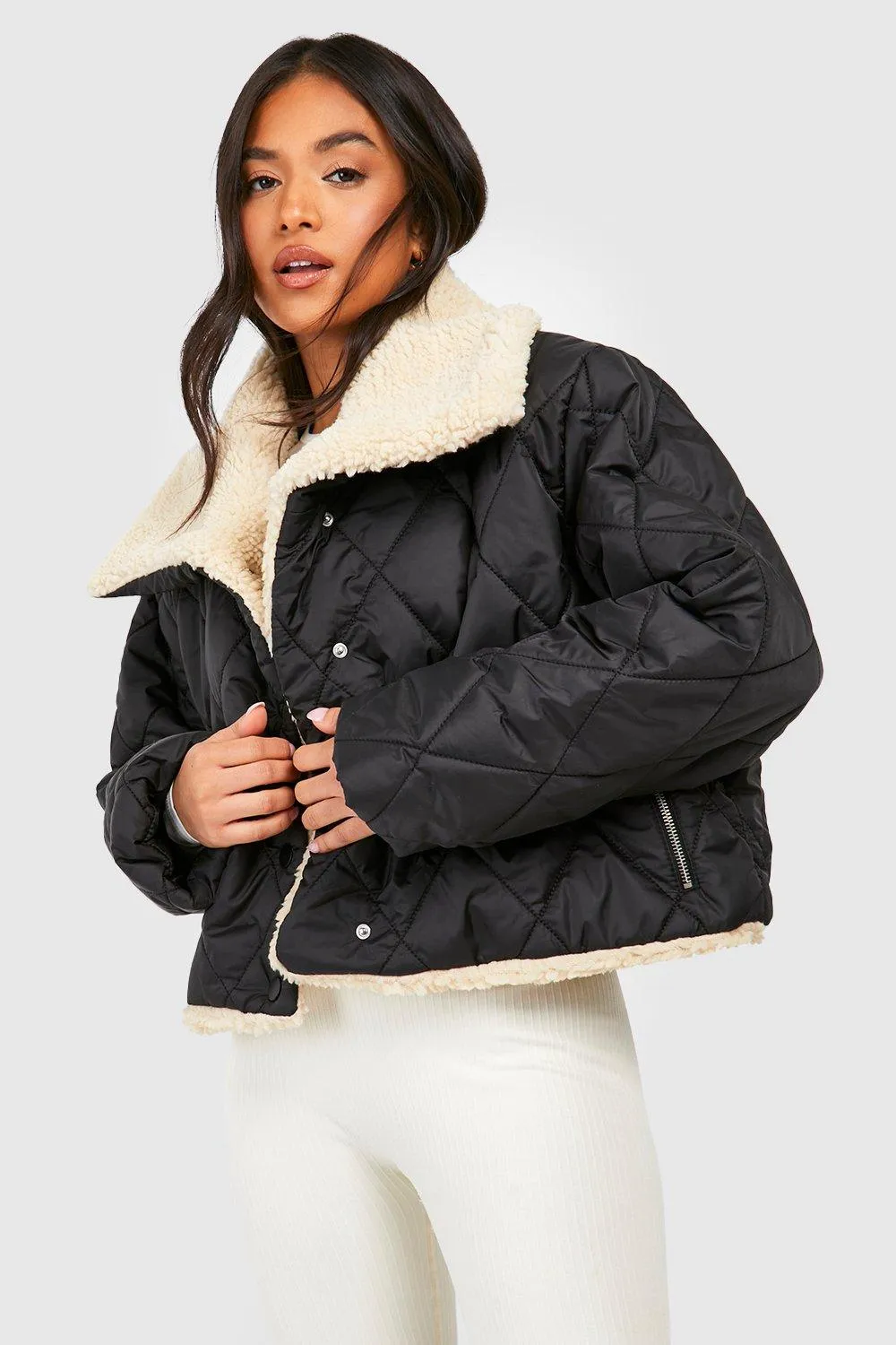 Petite Teddy Trim Quilted Puffer Jacket