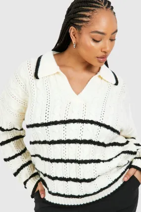 Plus Cable Knit Stripe Collared Sweater