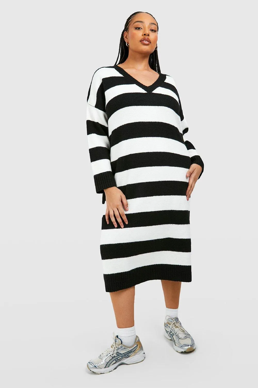 Plus V Neck Stripe Sweater Dress