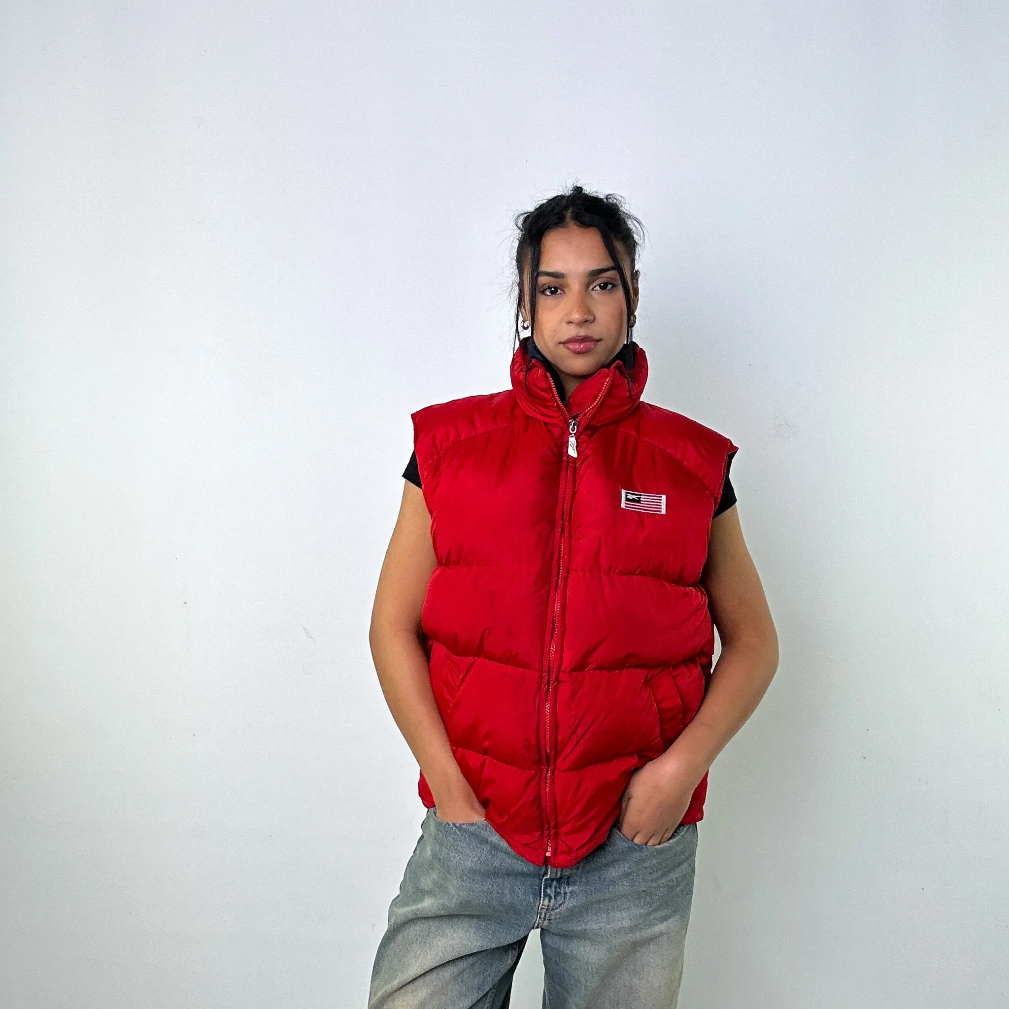 Red 90s Reebok USA Puffer Jacket Coat Gilet (L)