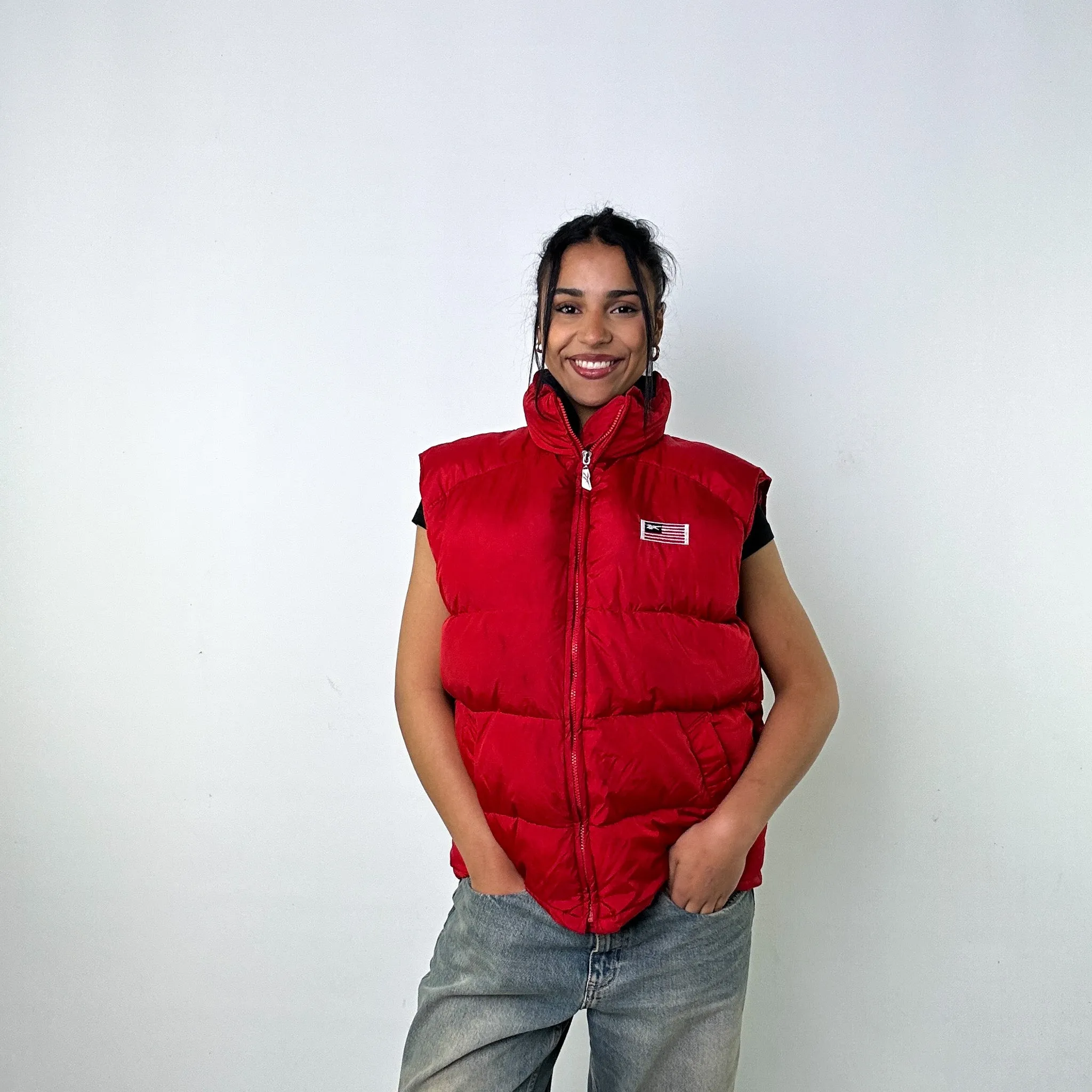 Red 90s Reebok USA Puffer Jacket Coat Gilet (L)