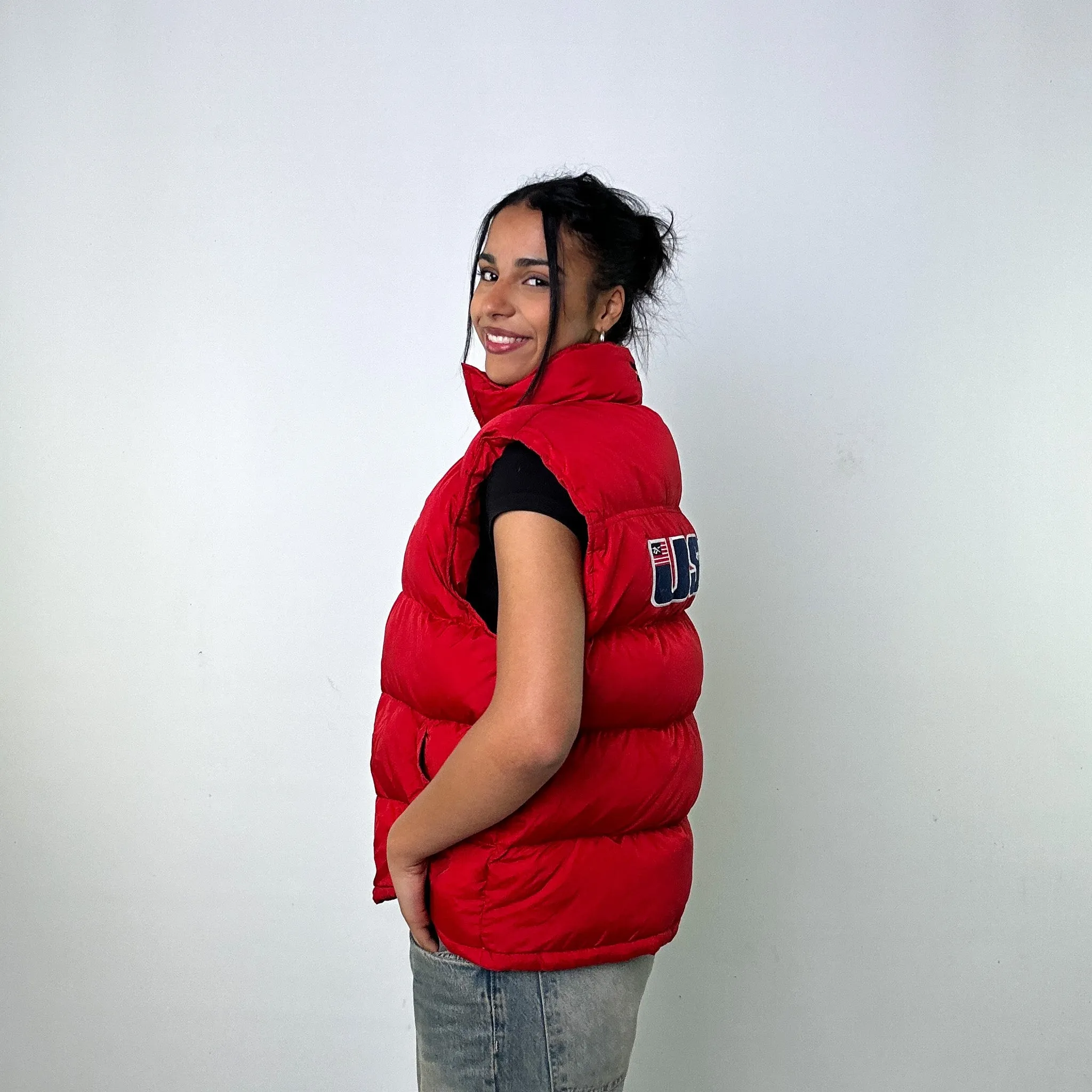 Red 90s Reebok USA Puffer Jacket Coat Gilet (L)