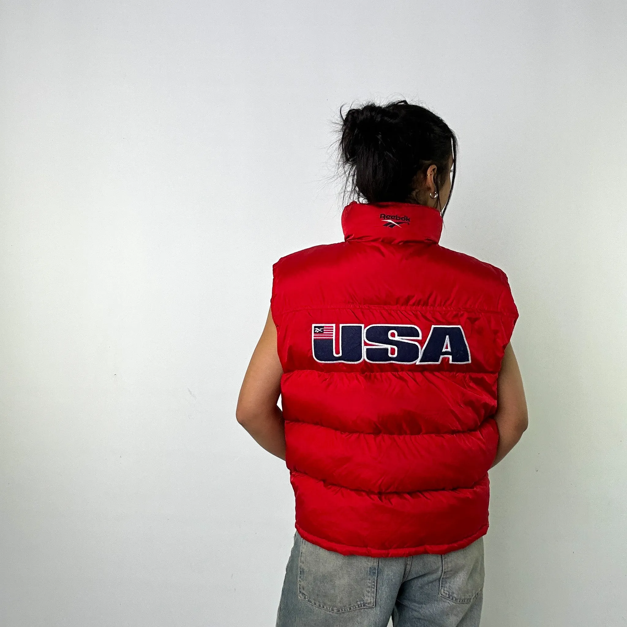 Red 90s Reebok USA Puffer Jacket Coat Gilet (L)