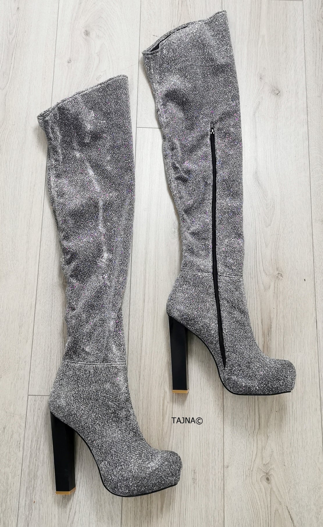 Silver Shiny Strech Knee High Boots