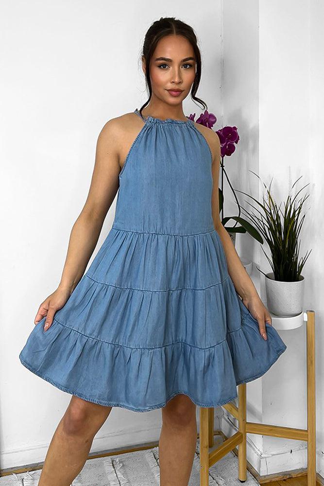 Sky Blue Drawstring Neckline Tiered Denim Sleeveless Dress