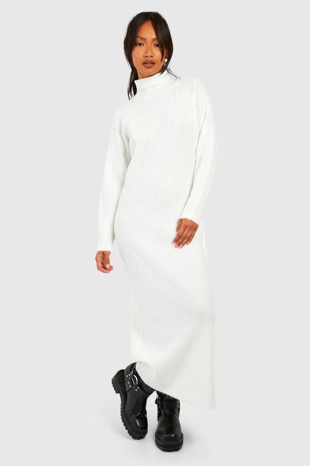 Soft Rib Knit Turtleneck Midi Sweater Dress