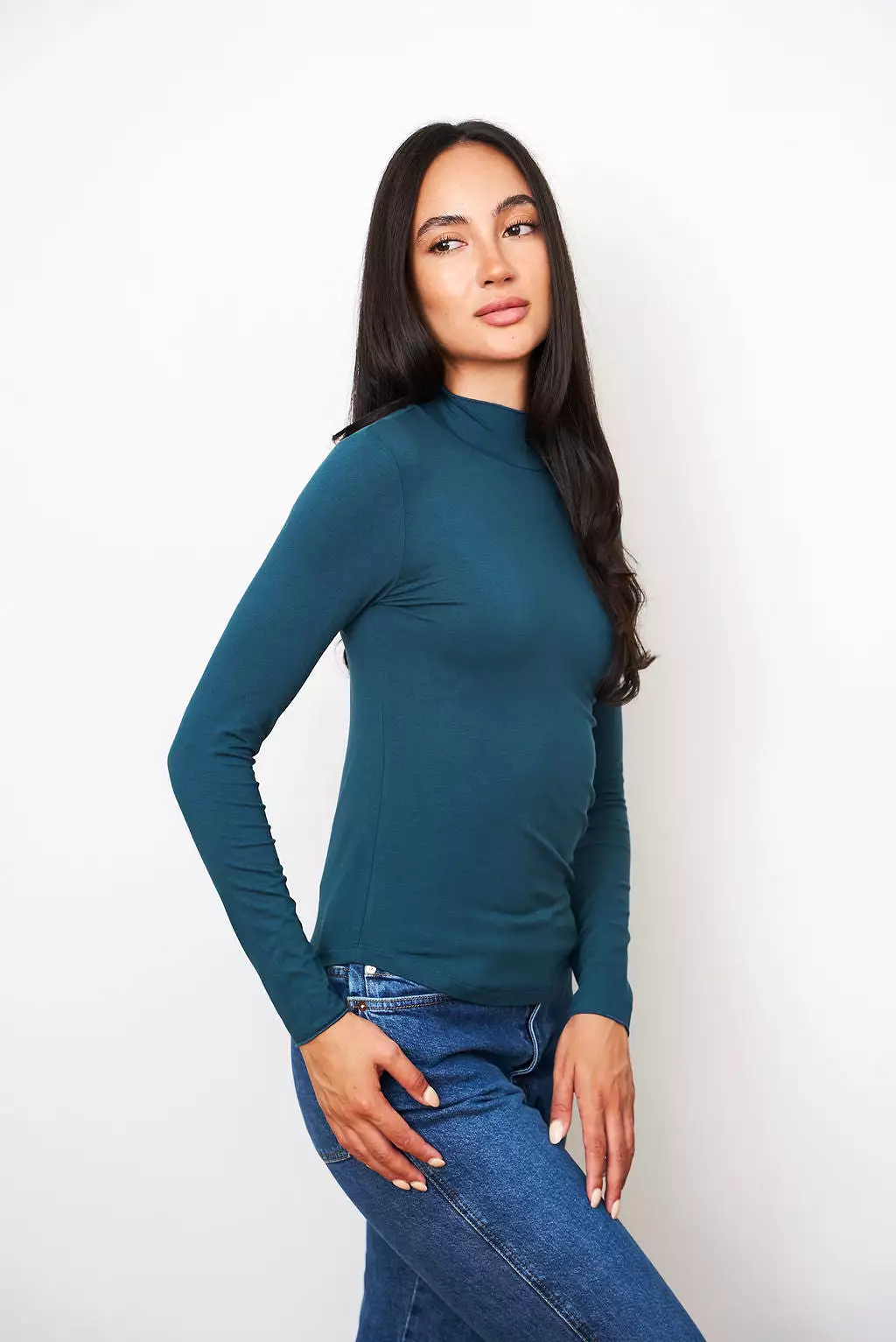 Soft Touch Long Sleeve Mock Neck Turtleneck in High Sea