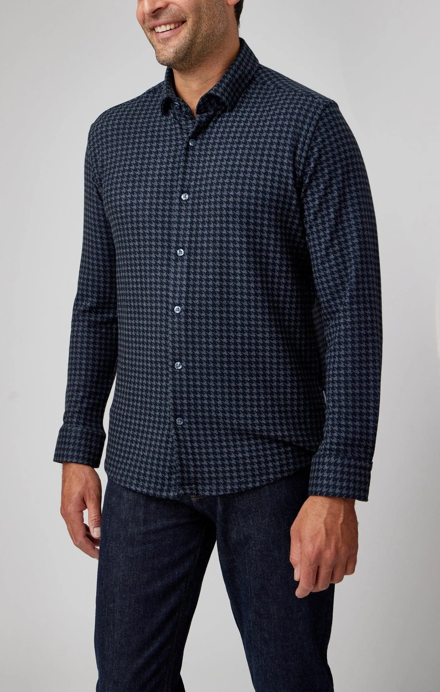 Stone Rose Long Sleeve Knit In Navy Houndstooth Check