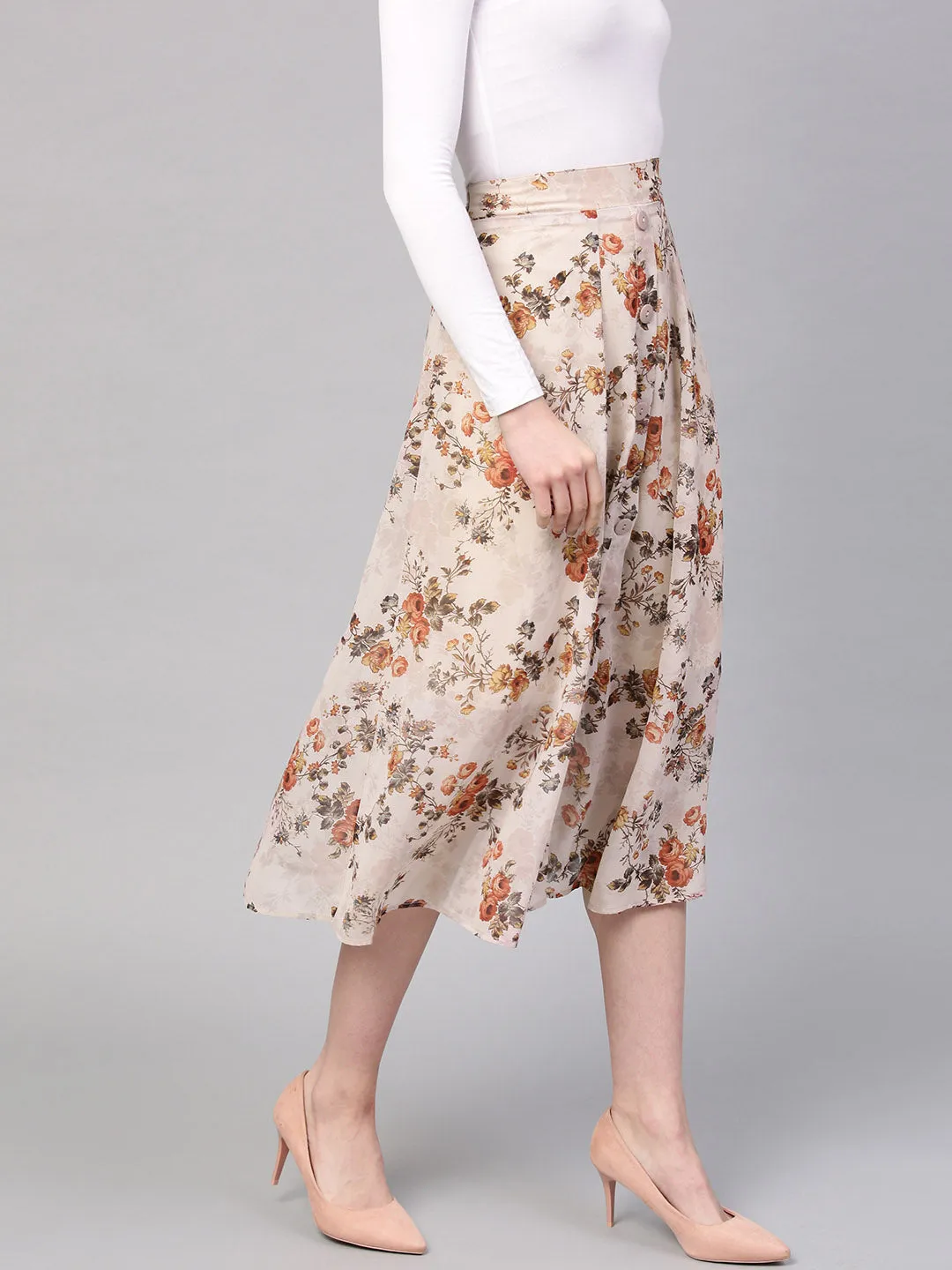 Taupe Floral A-Line Skirt