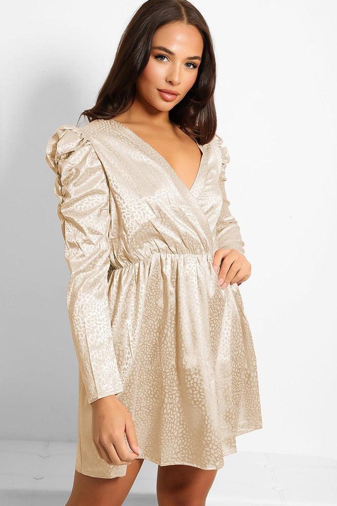 Textured Satin Puff Sleeves Dress