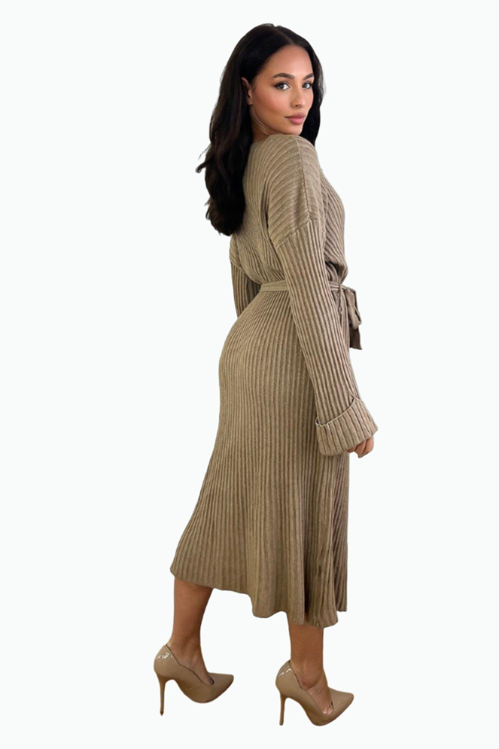 Waist Tie Button Detail Midi Knitted Dress