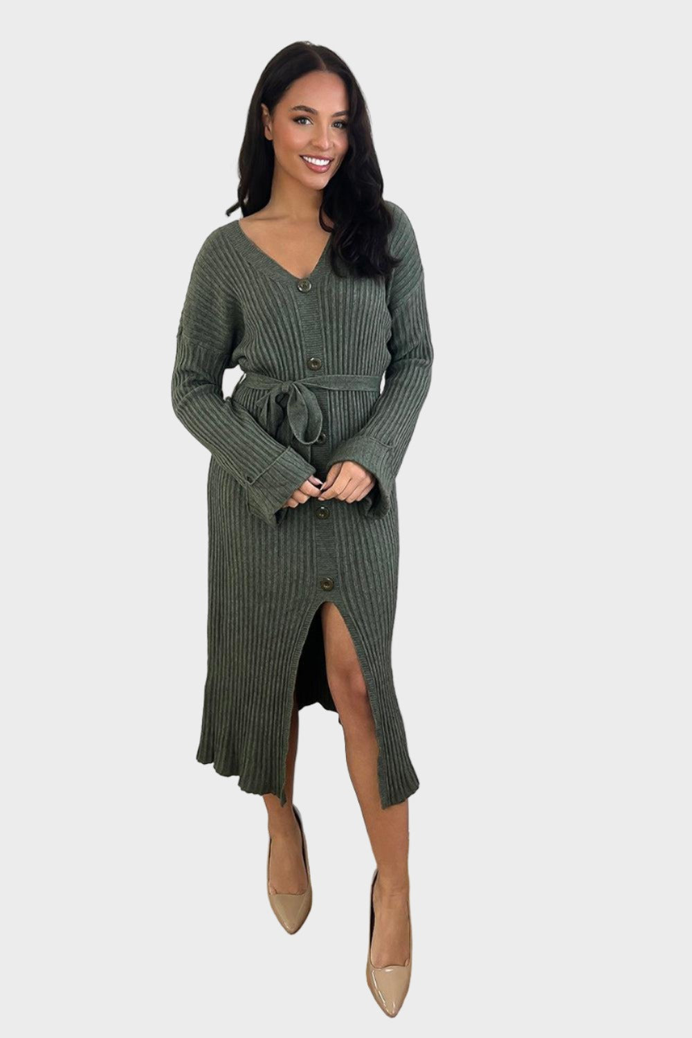 Waist Tie Button Detail Midi Knitted Dress