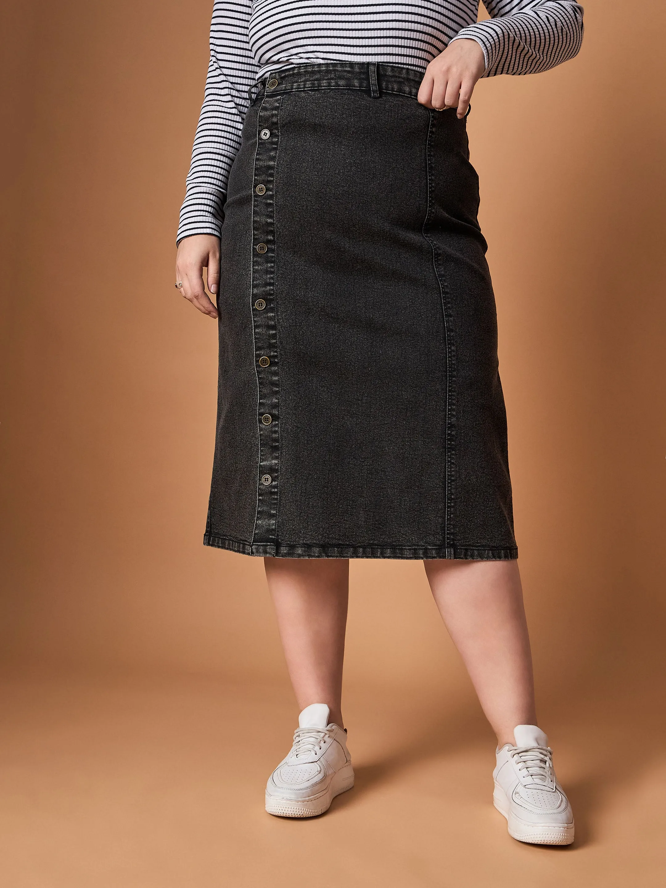 Women Black Acid Wash Denim Side Button Midi Skirt