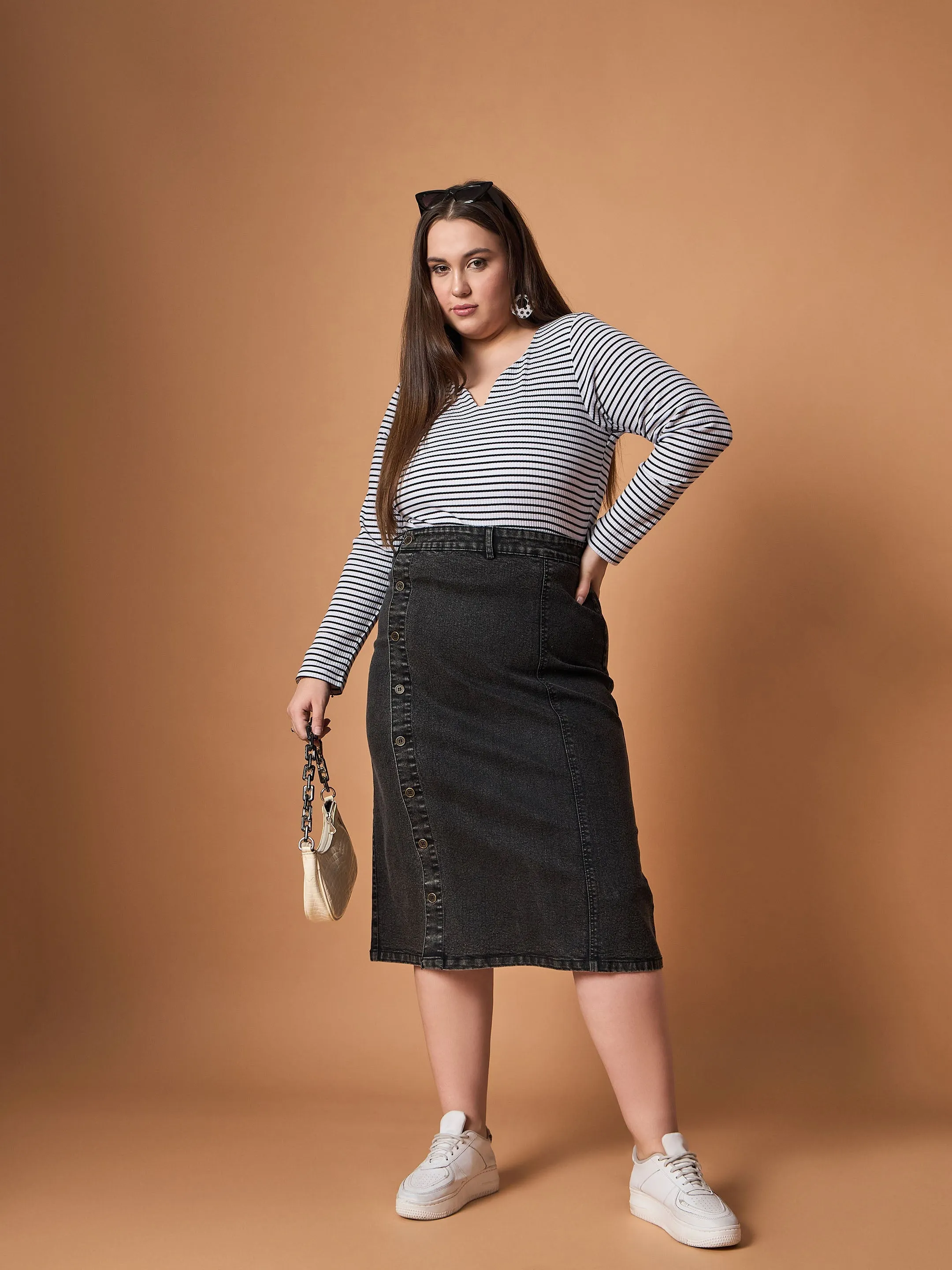 Women Black Acid Wash Denim Side Button Midi Skirt