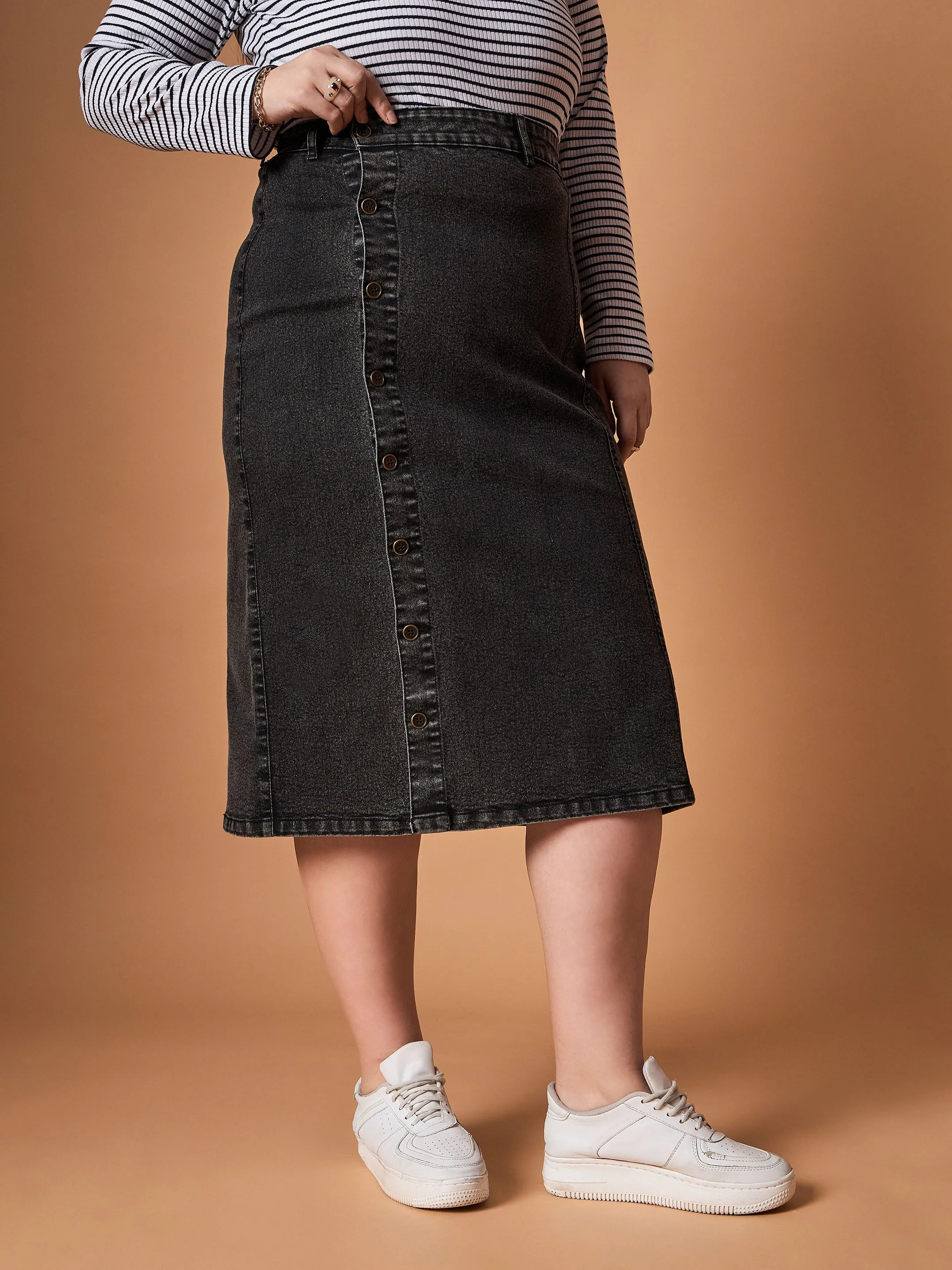 Women Black Acid Wash Denim Side Button Midi Skirt