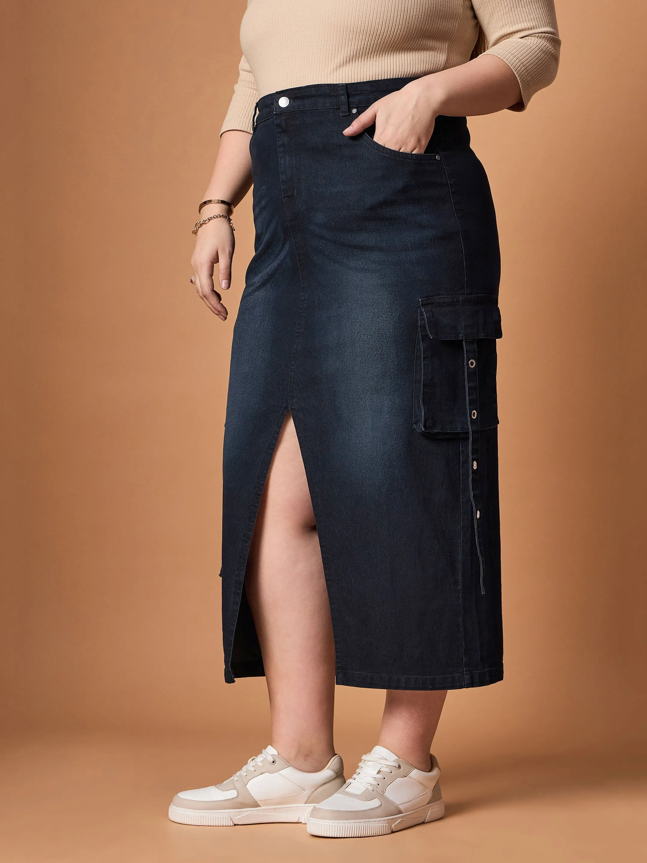 Women Black Blast Denim Side Pocket Skirt